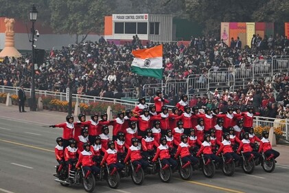 India's armed forces' women on motorcycles demonstrate their skills during India's 75th Republic Day parade in New Delhi on January 26, 2024. (AFP) India's armed forces' women on motorcycles demonstrate their skills during India's 75th Republic Day parade in New Delhi on January 26, 2024. (AFP)