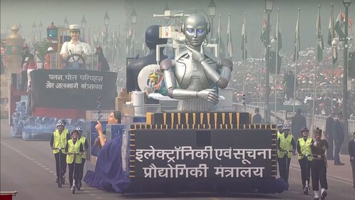 The Ministry of Electronics and Information Technology tableau in the 75th Republic Day parade. (YouTube/Narendra modi) The Ministry of Electronics and Information Technology tableau in the 75th Republic Day parade. (YouTube/Narendra modi)