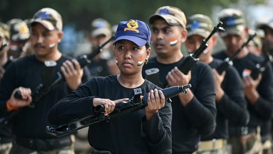 Commandos from Indian Central Industrial Security Force (CISF) demonstrates their skills during the Republic Day celebrations at Chennai International Airport in Chennai on January 26,.(AFP)