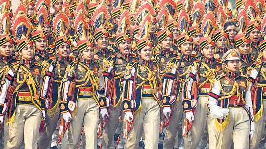 New Delhi, India - Jan. 26, 2024: An all women contingent from Delhi Police past the saluting Base during the 75th Republic Day Parade 2024, at Kartavya Path, in New Delhi, India, on Friday, January 26, 2024. (Photo by Raj K Raj/ Hindustan Times) (Hindustan Times)
