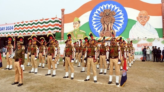 India is marking the 75th year of its Republic Day with a captivating display of its military might and vibrant cultural heritage at the grand 'Kartavya Path' in the national capital.&nbsp;(PTI)