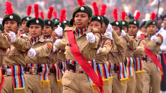 NCC cadets take part in the parade during the celebration of the 75th Republic Day, in Nagaon district, Assam.(PTI)