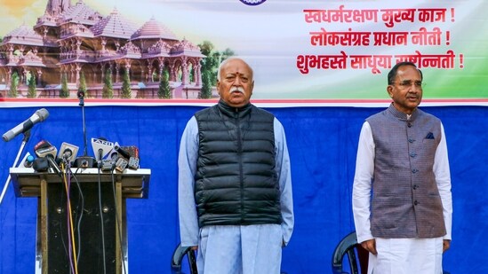 RSS Chief Mohan Bhagwat during the 75th Republic Day function at RSS headquarters in Nagpur.(PTI)