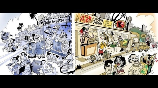 Today’s kirana store is bigger, cleaner, better-laid-out, more selective about what to offer. It is at par with modern-trade outlets in terms of tech. What it retains: proximity, trust. (HT Illustration: Jayanto)