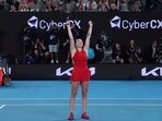 Aryna Sabalenka of Belarus celebrates after defeating Zheng Qinwen of China in the women's singles final at the Australian Open tennis championships at Melbourne Park, Melbourne, Australia, Saturday, Jan. 27