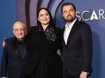 Martin Scorsese, Lily Gladstone and Leonardo DiCaprio pose together at the 14th Governors Awards in Los Angeles