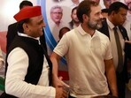 SP president Akhilesh Yadav with Congress leader Rahul Gandhi.