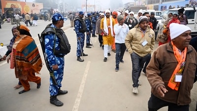 Heavy force have been deployed outside the tempe premises to manage the rush at Ram Temple in Ayodhya. (HT Photo/Deepak Gupta)