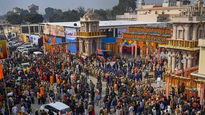 A massive crowd at the main gateway leading to the Ram temple complex, as it opened its doors to the general public a day after the consecration ceremony in Ayodhya. (PTI) A massive crowd at the main gateway leading to the Ram temple complex, as it opened its doors to the general public a day after the consecration ceremony in Ayodhya. (PTI)