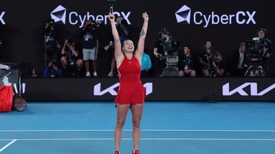 Aryna Sabalenka of Belarus celebrates after defeating Zheng Qinwen of China in the women's singles final at the Australian Open tennis championships at Melbourne Park, Melbourne, Australia, Saturday, Jan. 27 (AP) Aryna Sabalenka of Belarus celebrates after defeating Zheng Qinwen of China in the women's singles final at the Australian Open tennis championships at Melbourne Park, Melbourne, Australia, Saturday, Jan. 27 (AP)