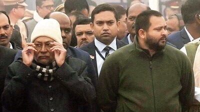 Bihar CM Nitish Kumar and deputy CM Tejashwi Yadav during a Republic Day event at Gandhi Maidan in Patna. (Santosh Kumar/HT Photo) Bihar CM Nitish Kumar and deputy CM Tejashwi Yadav during a Republic Day event at Gandhi Maidan in Patna. (Santosh Kumar/HT Photo)