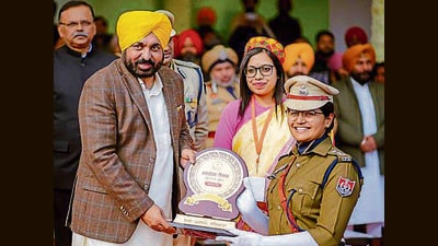 Chief minister Bhagwant Singh Mann during the Parade during state level Republic Day function. (HT) Chief minister Bhagwant Singh Mann during the Parade during state level Republic Day function. (HT)