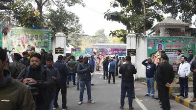 Outside Tejashwi Yadav’s residence in Patna on Saturday. (Santosh Kumar/HT) Outside Tejashwi Yadav’s residence in Patna on Saturday. (Santosh Kumar/HT)