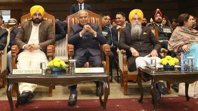 Punjab chief minister Bhagwant Mann seen seated next to governor Banwarilal Purohit during the ‘At Home’ programme at the Raj Bhawan on the occasion of the 75th Republic Day on Friday. (HT Photo) Punjab chief minister Bhagwant Mann seen seated next to governor Banwarilal Purohit during the ‘At Home’ programme at the Raj Bhawan on the occasion of the 75th Republic Day on Friday. (HT Photo)