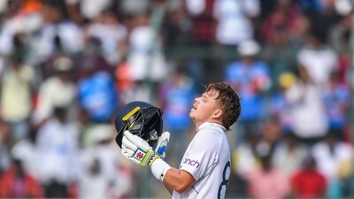 England's Ollie Pope celebrates after scoring a century (100 runs) during the third day of the first Test cricket match between India and England at the Rajiv Gandhi International Stadium in Hyderabad on January 27 (AFP) England's Ollie Pope celebrates after scoring a century (100 runs) during the third day of the first Test cricket match between India and England at the Rajiv Gandhi International Stadium in Hyderabad on January 27 (AFP)