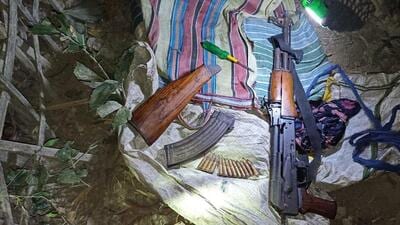 The Assam Police said they have recovered the poached rhino horn along with an AK Rifle and several rounds of live bullets from Golaghat district. (Image posted on X by Assam DGP) The Assam Police said they have recovered the poached rhino horn along with an AK Rifle and several rounds of live bullets from Golaghat district. (Image posted on X by Assam DGP)