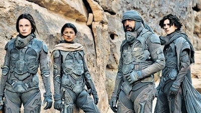 Rebecca Ferguson, Zendaya, Javier Bardem and Timothee Chalamet in the 2021 film Dune. Part 2 is due out in November. (Chia Bella James) Rebecca Ferguson, Zendaya, Javier Bardem and Timothee Chalamet in the 2021 film Dune. Part 2 is due out in November. (Chia Bella James)