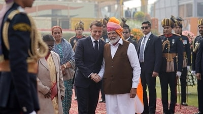 French President Emmanuel Macron with Prime Minister Narendra Modi. French President Emmanuel Macron with Prime Minister Narendra Modi.