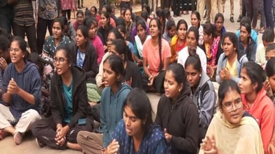 Students at Hyderabad's Osmania University PG Girls Hostel stage protest over security breach. (ANI)
