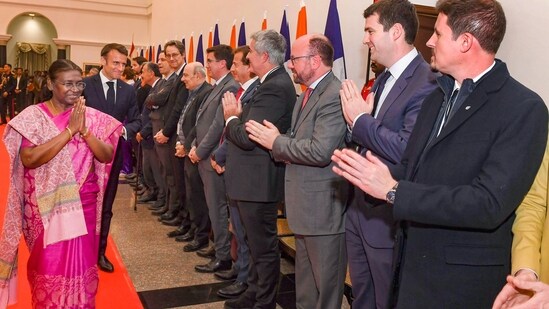 At the beginning of his speech during a banquet hosted by President Droupadi Murmu, Macron expressed heartfelt gratitude for the warm welcome extended to his delegation.(PTI)