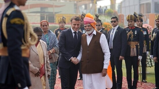 French President Emmanuel Macron with Prime Minister Narendra Modi.