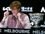 Jannik Sinner of Italy reacts at a press conference following his win over Daniil Medvedev of Russia in the men's singles final at the Australian Open tennis championships at Melbourne Park, in Melbourne, Australia, Monday, Jan. 29
