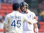 India's captain Rohit Sharma (L) and England's Ollie Pope speak during the fourth day of the first Test cricket match India's captain Rohit Sharma (L) and England's Ollie Pope speak during the fourth day of the first Test cricket match