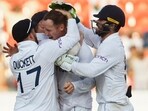 England's Tom Hartley celebrates after taking the wicket of India's Srikar Bharat