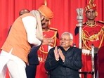 Newly sworn-in Bihar Chief Minister Nitish Kumar and State Deputy CM Samrat Chaudhary exchange greetings during a ceremony, at Raj Bhavan, in Patna on Sunday. Nitish Kumar sworn in as Bihar CM for the ninth time after he along with his party joined the Bharatiya Janata Party (BJP)-led NDA bloc. Newly sworn-in Bihar Chief Minister Nitish Kumar and State Deputy CM Samrat Chaudhary exchange greetings during a ceremony, at Raj Bhavan, in Patna on Sunday. Nitish Kumar sworn in as Bihar CM for the ninth time after he along with his party joined the Bharatiya Janata Party (BJP)-led NDA bloc.