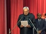 Nitish Kumar taking oath as the chief minister of the BJP-JD(U) government in Bihar.
