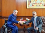 External affairs minister S Jaishankar meets Texas Governor Greg Abbott, in New Delhi on Saturday.
External affairs minister S Jaishankar meets Texas Governor Greg Abbott, in New Delhi on Saturday.