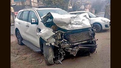 After hitting the trio, the SUV also rammed into the car of the victim parked on the roadside. (HT) After hitting the trio, the SUV also rammed into the car of the victim parked on the roadside. (HT)