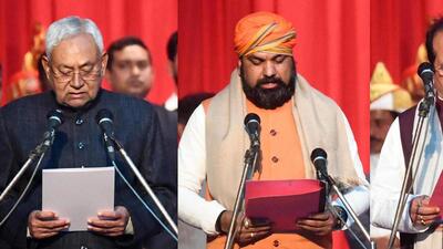 BJP leaders Samrat Choudhary and Vijay Sinha take oath as Bihar deputy chief ministers, at the Raj Bhawan in Patna on Sunday. (Santosh Kumar/HT Photo) BJP leaders Samrat Choudhary and Vijay Sinha take oath as Bihar deputy chief ministers, at the Raj Bhawan in Patna on Sunday. (Santosh Kumar/HT Photo)