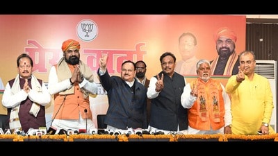 BJP national president JP Nadda with Bihar Deputy Chief Ministers Samrat Choudhary and Vijay Sinha during a press conference at BJP office in Patna Bihar on Sunday. (Santosh Kumar/ HT) BJP national president JP Nadda with Bihar Deputy Chief Ministers Samrat Choudhary and Vijay Sinha during a press conference at BJP office in Patna Bihar on Sunday. (Santosh Kumar/ HT)
