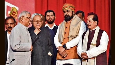 Bihar governor Rajendra Vishwanath Arlekar, chief minister Nitish Kumar, and deputy chief ministers Samrat Choudhary and Vijay Kumar Sinha in Patna on Sunday. (Santosh Kumar/HT Photo) Bihar governor Rajendra Vishwanath Arlekar, chief minister Nitish Kumar, and deputy chief ministers Samrat Choudhary and Vijay Kumar Sinha in Patna on Sunday. (Santosh Kumar/HT Photo)