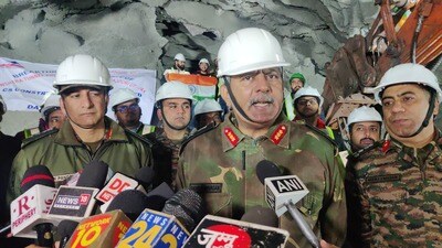 Border Roads director general Lieutenant General Raghu Srinivasan talks to media persons on Sunday after breakthrough of a key tunnel in Nowshera of Rajouri. (HT Photo)
