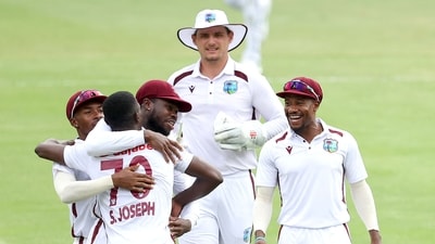 The West Indies players celebrate the dismissal of Mitchell Starc of Australia during day four of the second cricket Test (AFP) The West Indies players celebrate the dismissal of Mitchell Starc of Australia during day four of the second cricket Test (AFP)