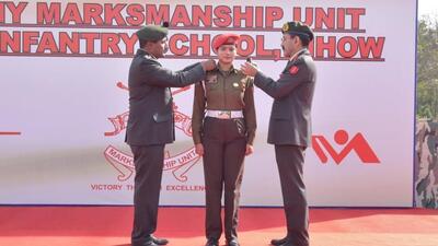 Havildar Preeti Rajak, a champion trap shooter, is the first woman promoted to the rank of Subedar (HT Photo/Sourced)