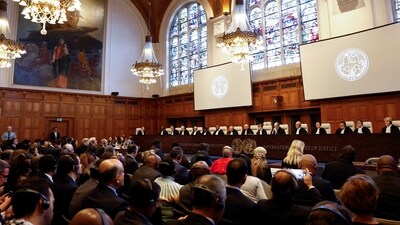 Judges at the International Court of Justice (ICJ) rule on emergency measures against Israel following accusations by South Africa that the Israeli military operation in Gaza is a state-led genocide, in The Hague, Netherlands, January 26, 2024. (REUTERS/Piroschka van de Wouw)