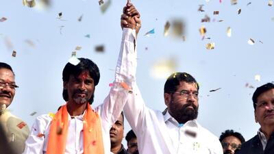 Navi Mumbai, India - Jan. 27, 2024:Maratha Quota activist Manoj Jarange Patil ends protest after Maharashtra CM Eknath Shinde Government accepts all demands at Chhatrapati Shivaji Maharaj Chowk Vashi, in Navi Mumbai, India, on Saturday, January 27, 2024. (Photo by Bachchan Kumar/ HT PHOTO) (HT PHOTO) Navi Mumbai, India - Jan. 27, 2024:Maratha Quota activist Manoj Jarange Patil ends protest after Maharashtra CM Eknath Shinde Government accepts all demands at Chhatrapati Shivaji Maharaj Chowk Vashi, in Navi Mumbai, India, on Saturday, January 27, 2024. (Photo by Bachchan Kumar/ HT PHOTO) (HT PHOTO)