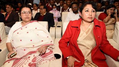 Newly-joined BJP leaders Angkita Dutta and Bismita Gogoi at the party headquarters in Guwahati on Sunday. (ANI Photo) (ANI) Newly-joined BJP leaders Angkita Dutta and Bismita Gogoi at the party headquarters in Guwahati on Sunday. (ANI Photo) (ANI)