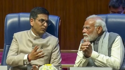 Prime Minister Narendra Modi and Chief Justice of India Justice D.Y. Chandrachud during the top court’s 75th year celebrations in New Delhi on Sunday. (PTI) Prime Minister Narendra Modi and Chief Justice of India Justice D.Y. Chandrachud during the top court’s 75th year celebrations in New Delhi on Sunday. (PTI)
