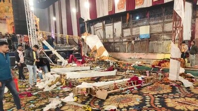 A collapsed stage at Kalkaji Mandir, in New Delhi, Saturday night, (PTI) A collapsed stage at Kalkaji Mandir, in New Delhi, Saturday night, (PTI)