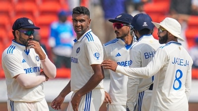 India's bowler Ravichandran Ashwin celebrates the wicket of England's batter Tom Hartley during the fourth day of the first Test (PTI) India's bowler Ravichandran Ashwin celebrates the wicket of England's batter Tom Hartley during the fourth day of the first Test (PTI)