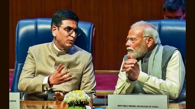 Prime Minister Narendra Modi and Chief Justice of India DY Chandrachud at the 75th year celebrations of the Supreme Court of India, in New Delhi on Sunday. (PTI) Prime Minister Narendra Modi and Chief Justice of India DY Chandrachud at the 75th year celebrations of the Supreme Court of India, in New Delhi on Sunday. (PTI)