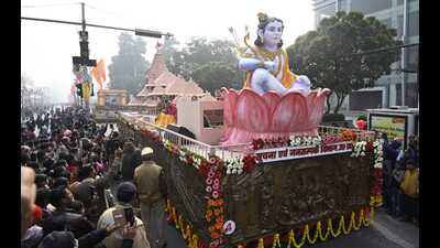The information department’s tableau was based on the theme of Ram Mandir in Ayodhya symbolising restoration of cultural glory in the state. (HT file)