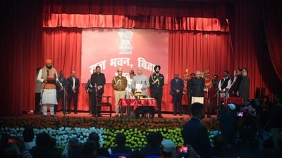 Following Nitish's oath, BJP leader Samrat Choudhary took his ministerial pledge, becoming one of the two new deputy chief ministers in the Nitish-led government. (HT Photo/Santosh Kumar) Following Nitish's oath, BJP leader Samrat Choudhary took his ministerial pledge, becoming one of the two new deputy chief ministers in the Nitish-led government. (HT Photo/Santosh Kumar)