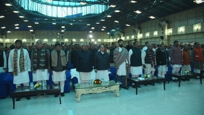 Nitish Kumar and fellow ministers, alongside BJP President JP Nadda, participated in the swearing-in ceremony in Patna. (HT Photo/Santosh Kumar) Nitish Kumar and fellow ministers, alongside BJP President JP Nadda, participated in the swearing-in ceremony in Patna. (HT Photo/Santosh Kumar)