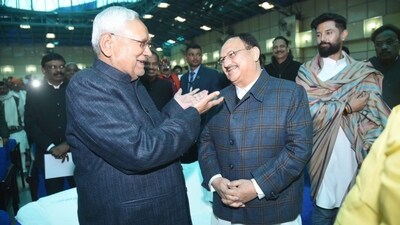 Bihar CM Nitish Kumar, in the company of BJP's JP Nadda, signalled Janata Dal (United)'s return to the NDA on Sunday. (HT Photo/Santosh Kumar) Bihar CM Nitish Kumar, in the company of BJP's JP Nadda, signalled Janata Dal (United)'s return to the NDA on Sunday. (HT Photo/Santosh Kumar)