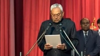 Nitish Kumar taking oath as the chief minister of the BJP-JD(U) government in Bihar.
